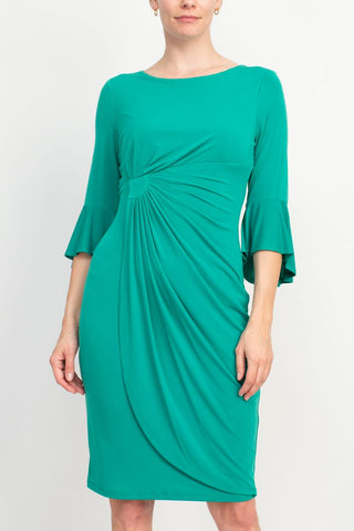 Connected Apparel Boat Neck Flutter Sleeve Gathered Side Solid Matte Jersey Dress in Jade_Front View1