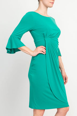 Connected Apparel Boat Neck Flutter Sleeve Gathered Side Solid Matte Jersey Dress in Jade_Side View