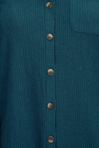 Floral + Ivy Notched Button Down 3/4 Sleeve Solid Knit Top with Front Pocket_Teal_Front Detailed View