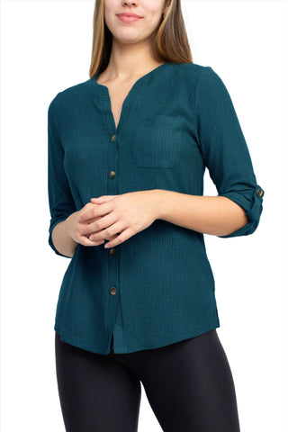 Floral + Ivy Notched Button Down 3/4 Sleeve Solid Knit Top with Front Pocket_Teal_Front View