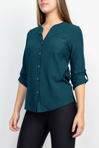 Floral + Ivy Notched Button Down 3/4 Sleeve Solid Knit Top with Front Pocket_Teal_Side View