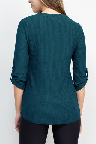 Floral + Ivy Notched Button Down 3/4 Sleeve Solid Knit Top with Front Pocket_Teal_Back View