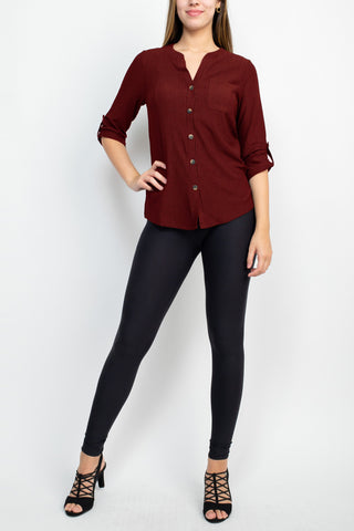 Floral + Ivy Notched Button Down 3/4 Sleeve Solid Knit Top with Front Pocket_Wine_Front Full View