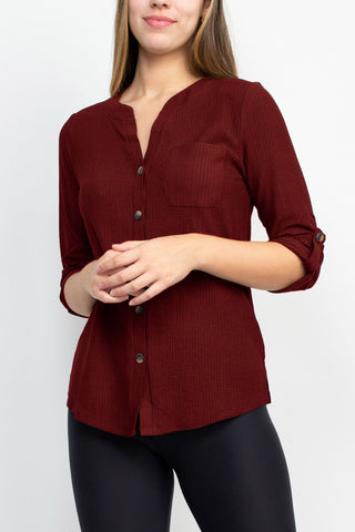 Floral + Ivy Notched Button Down 3/4 Sleeve Solid Knit Top with Front Pocket_Wine_Front View