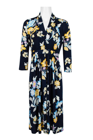 London Times V-Neck Ruched Waist Long Sleeve Floral Print Tie Back Jersey Dress