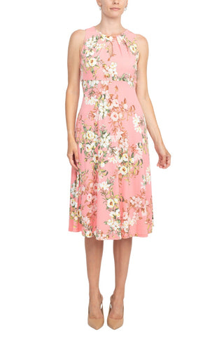 London Times Pleat Keyhole Neck Sleeveless Floral Print Zipper Back Matte Jersey Dress - Coral - Front