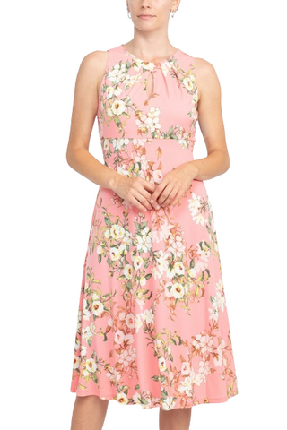 London Times Pleat Keyhole Neck Sleeveless Floral Print Zipper Back Matte Jersey Dress - Coral - Front