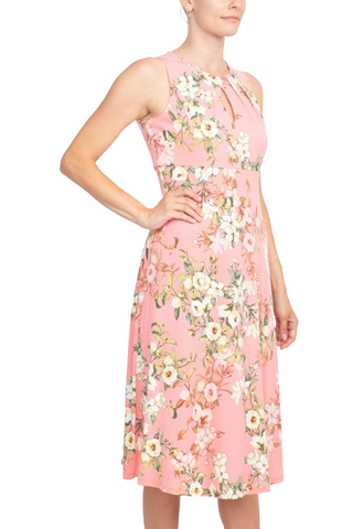 London Times Pleat Keyhole Neck Sleeveless Floral Print Zipper Back Matte Jersey Dress - Coral - Side
