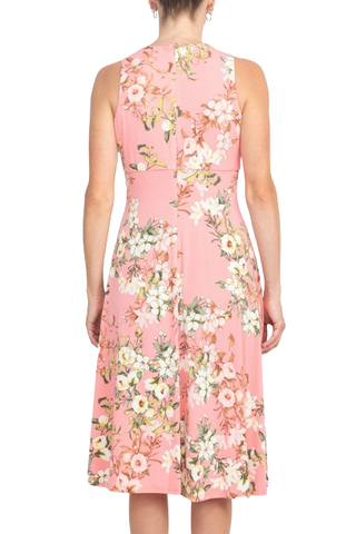London Times Pleat Keyhole Neck Sleeveless Floral Print Zipper Back Matte Jersey Dress - Coral - Back