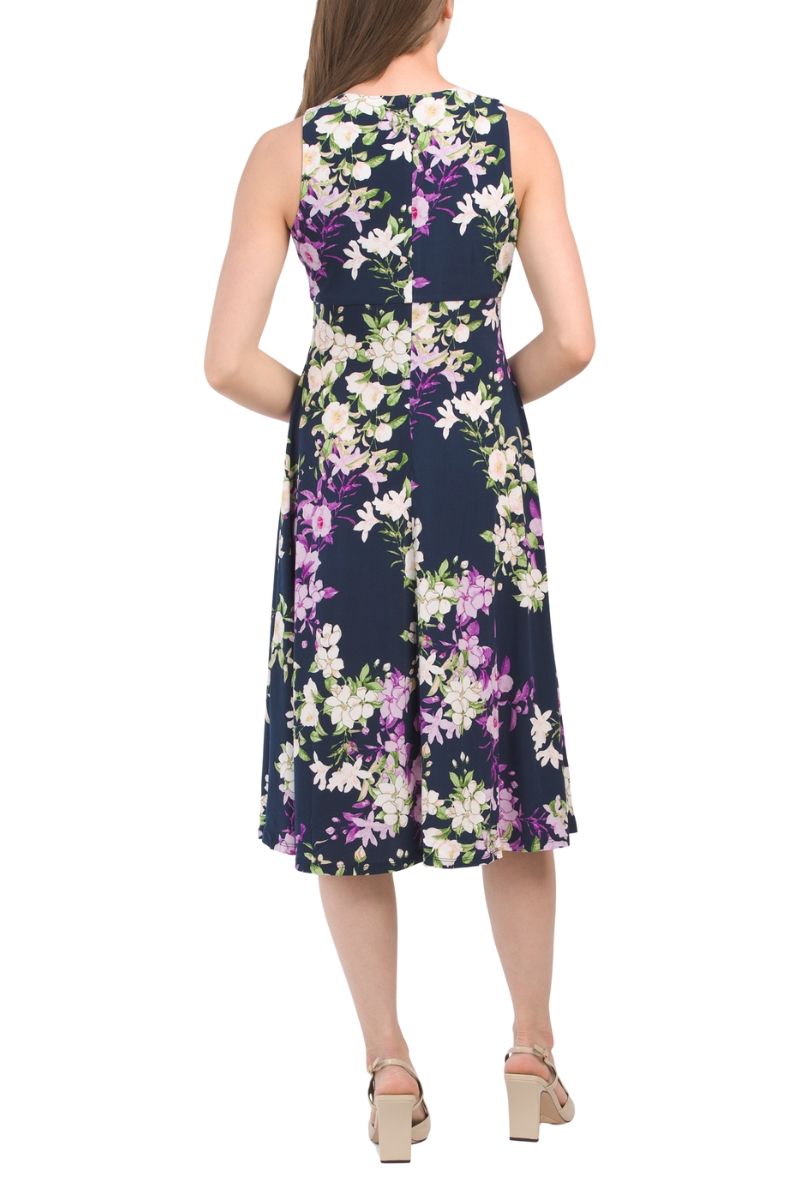 London Times Pleat Keyhole Neck Sleeveless Floral Print Zipper Back Matte Jersey Dress | Available at Curated Brands in Los Angeles London Times Pleat Keyhole Neck Sleeveless Floral Print Zipper Back Matte Jersey Dress | Available at Curated Brands in Los Angeles