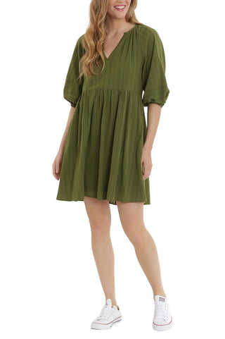 London Times V-Neck 3-4 Sleeves with Elastic Hems Short Blouson Cotton Dress with Pockets - Pesto - Front