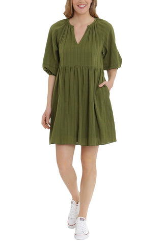 London Times V-Neck 3-4 Sleeves with Elastic Hems Short Blouson Cotton Dress with Pockets - Pesto - Front