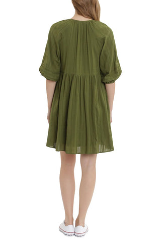 London Times V-Neck 3-4 Sleeves with Elastic Hems Short Blouson Cotton Dress with Pockets - Pesto - Back