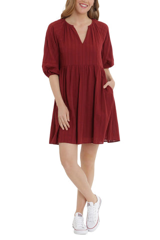 London Times V-Neck 3-4 Sleeves with Elastic Hems Short Blouson Cotton Dress with Pockets - Wine - Front