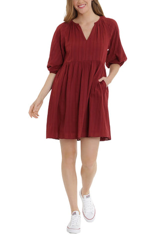 London Times V-Neck 3-4 Sleeves with Elastic Hems Short Blouson Cotton Dress with Pockets - Wine - Front View