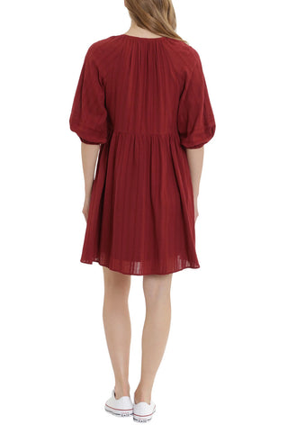 London Times V-Neck 3-4 Sleeves with Elastic Hems Short Blouson Cotton Dress with Pockets - Wine - Back