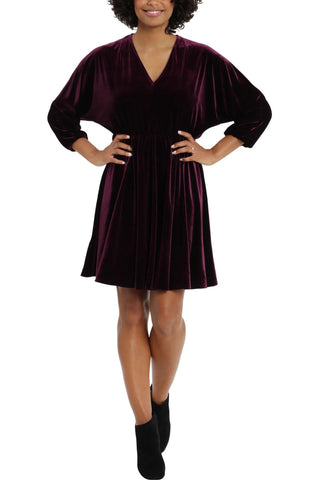London Times V-Neck Elastic Cuff Long Sleeve Elastic Waist A-Line Velvet Dress