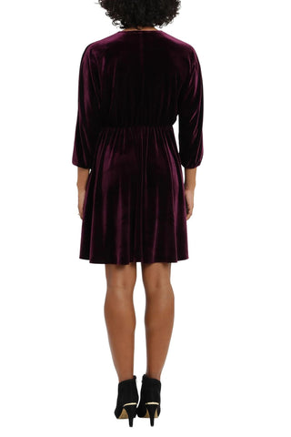 London Times V-Neck Elastic Cuff Long Sleeve Elastic Waist A-Line Velvet Dress