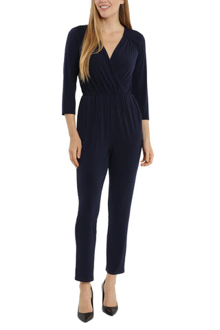 London Times Collared V-Neck Smocked Shoulder 3/4 Sleeve Elastic Waist Ruched ITY Jumpsuit with Pockets
