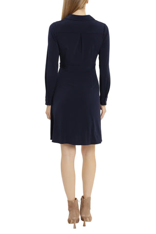 London Times Collared Button Front Tie Waist Long Sleeve Solid ITY Dress