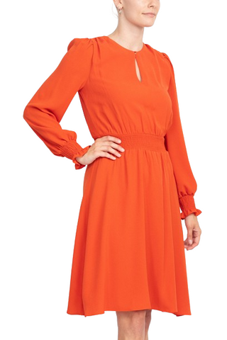 Crew Neck Keyhole Long Sleeve Elastic Waist Solid Ripple Crepe Dress - Chili - Side