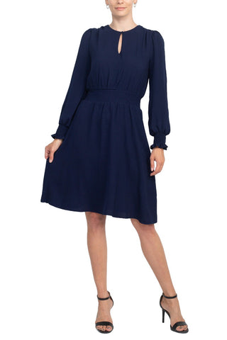 Crew Neck Keyhole Long Sleeve Elastic Waist Solid Ripple Crepe Dress - Navy - Front