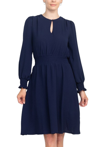 Crew Neck Keyhole Long Sleeve Elastic Waist Solid Ripple Crepe Dress - Navy - Front