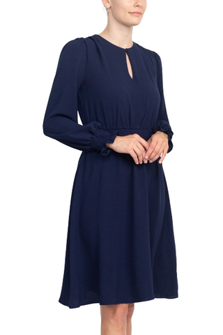 Crew Neck Keyhole Long Sleeve Elastic Waist Solid Ripple Crepe Dress - Navy - Side