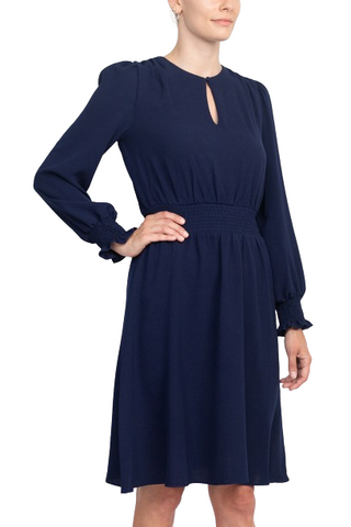 Crew Neck Keyhole Long Sleeve Elastic Waist Solid Ripple Crepe Dress - Navy - Side