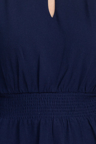 Crew Neck Keyhole Long Sleeve Elastic Waist Solid Ripple Crepe Dress - Navy - Neck