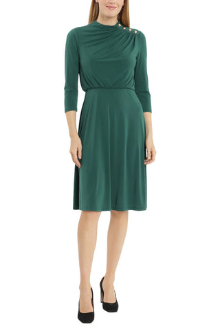 London Times Crew Neck Side Shirred Button Neck Blouson ITY Midi Dress