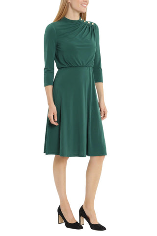 London Times Crew Neck Side Shirred Button Neck Blouson ITY Midi Dress