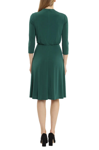 London Times Crew Neck Side Shirred Button Neck Blouson ITY Midi Dress