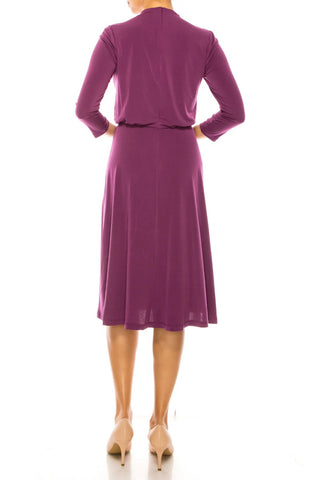 London Times Crew Neck Side Shirred Button Neck Blouson ITY Midi Dress