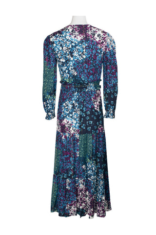 London Times V-Neck Elastic Long Sleeve Elastic Waist Multi Print Tiered Midi Rayon Dress