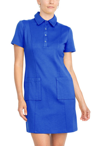 London Times Collared Button Short Sleeve Bodycon Solid Short Scuba Dress with Pockets_azure_front view