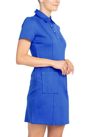 London Times Collared Button Short Sleeve Bodycon Solid Short Scuba Dress with Pockets_azure_side view