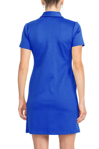 London Times Collared Button Short Sleeve Bodycon Solid Short Scuba Dress with Pockets_azure_back view