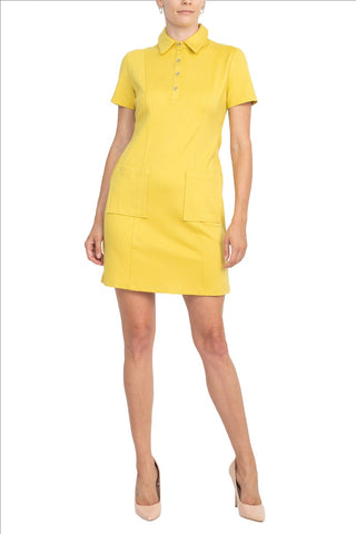 London Times Collared Button Short Sleeve Bodycon Solid Short Scuba Dress with Pockets_DIJON_Front Full View