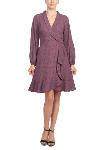 London Times Shawl Collar V-neck Long Sleeves With Cuffs Back Zipper Ruffled Hem Short Dress - PLUM WINE - Front full view