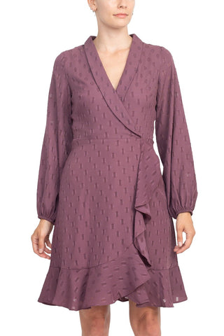 London Times Shawl Collar V-neck Long Sleeves With Cuffs Back Zipper Ruffled Hem Short Dress - PLUM WINE - Front 