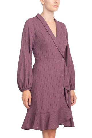 London Times Shawl Collar V-neck Long Sleeves With Cuffs Back Zipper Ruffled Hem Short Dress - PLUM WINE - Side