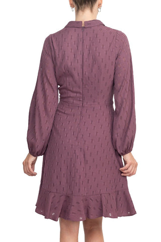 London Times Shawl Collar V-neck Long Sleeves With Cuffs Back Zipper Ruffled Hem Short Dress - PLUM WINE - Back