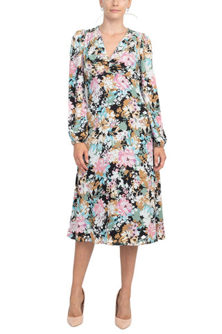 London Times V-Neck Bishop Long Sleeve Floral Print Zipper Back Crepe Dress - Black Sage - Front Full view