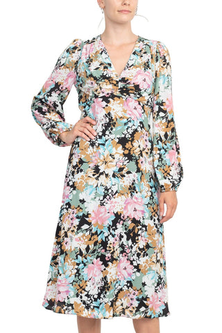 London Times V-Neck Bishop Long Sleeve Floral Print Zipper Back Crepe Dress - Black Sage - Front 