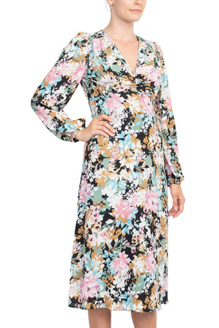 London Times V-Neck Bishop Long Sleeve Floral Print Zipper Back Crepe Dress - Black Sage - Side view