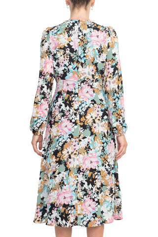 London Times V-Neck Bishop Long Sleeve Floral Print Zipper Back Crepe Dress - Black Sage - Back 