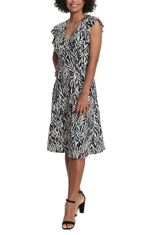 London Times V-Neck Ruffled Sleeve A-Line Jersey Dress - Black White - Front 