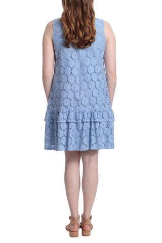 London Times Scoop Neck Sleeveless Tiered Ruffle Skirt Zipper Back Lace Overlay Dress