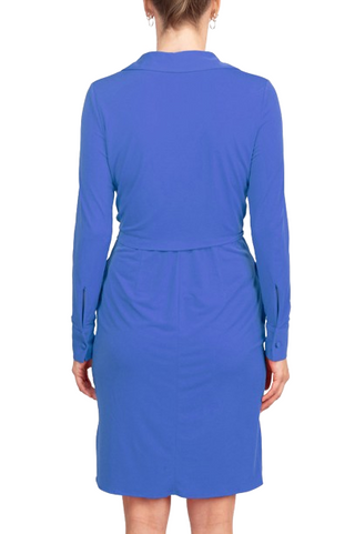 London Times Collared V-Neck Long Sleeve Solid Tie Front Short Matte Jersey Dress - Blue - Back